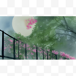 夜色天空图片_月下的栅栏与鲜花