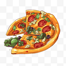 手绘披萨插画图片_美食食物披萨扁平插画手绘免抠元