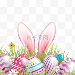 彩色草地图片_彩色花纹质感写实复活节彩蛋兔子
