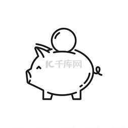 小猪存钱罐矢量图片_带有硬币隔离细线图标的猪银行矢