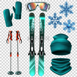 浅蓝色和逼真的滑雪冬季图标集，