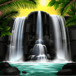 水设计psd图片_逼真的瀑布背景与水岩石天空和树