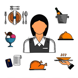 服务员服务员图片_服务员职业素描图标与女服务员穿