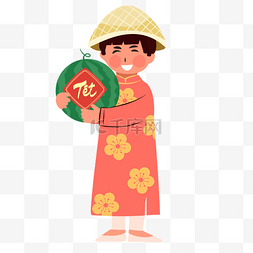 大暑习俗图片_穿着红色传统服装抱着西瓜的越南