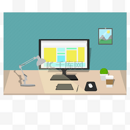 商务办工图片_蓝绿色墙纸台式电脑桌