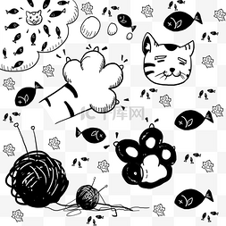 猫猫幻想小鱼干毛线球黑白涂鸦