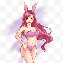 兔女郎粉红色头发水彩插画