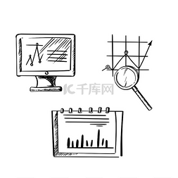 放大镜文档图片_带折线图的计算机显示器、带条形