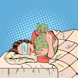 有钱人卡通图片_年轻的女子睡在床上的钱袋子。波