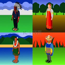 民族服装绘画图片_跨国世界文化 2x2 设计概念的四个