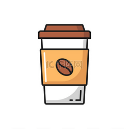 咖啡地贴图片_带盖和豆平线图标的纸咖啡杯。