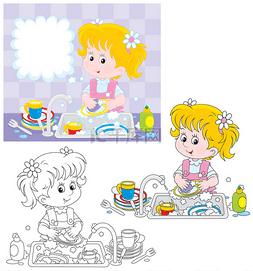 卡通儿童做家务图片_洗碗