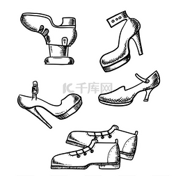 高跟女鞋图片_鞋子素描图标与优雅的靴子与鞋带