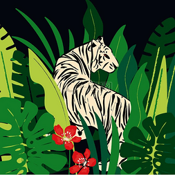热带森林大树叶图片_手绘白虎与异国情调的热带树叶，