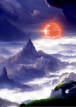 下云朵图片_夕阳下的山脉
