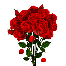 玫瑰花束与红色的花朵和绿色的叶