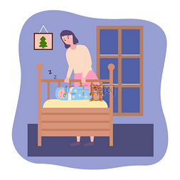 微笑的妈妈看着婴儿床里有乳头的