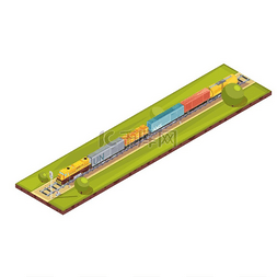 树木插图矢量图片_铁路运输等距构图火车组成与等距