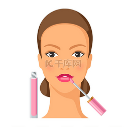 化妆插图图片_将唇彩涂在脸上的过程。