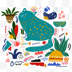 亚热带叶子图片_薄荷草波西米亚风猫咪涂鸦