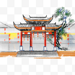 建筑古代水墨图片_新年春节逛庙会街景水墨街道古代