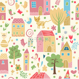 手绘植物和房子图片_无缝模式与树木和房屋