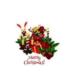 冬青花环图片_圣诞快乐希望圣诞老人礼物和兔子