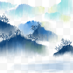 蓝色水墨山水树木