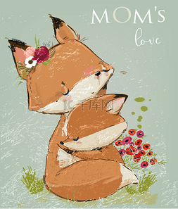 可爱的妈妈图片_可爱的妈妈狐狸和她的孩子。向量