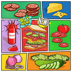 吃热的食物图片_三明治广告漫画页漫画页面上有三