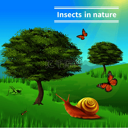 蓝色的天空绿色图片_昆虫在自然界标题写实构图海报与