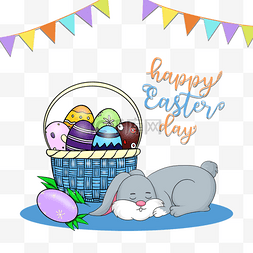 小兔子彩蛋篮子图片_彩蛋兔子复活节