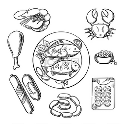 海鲜和肉类素描图标与鱼、蟹、虾