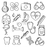 医疗和保健图标素描与医院和药房标志、护士、救护车、急救箱、药丸和注射器、听诊器、心电图、牙齿和眼镜、DNA 和显微镜。