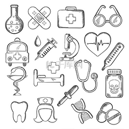 医院药物图片_医疗和保健图标素描与医院和药房