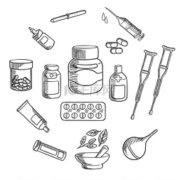 胶囊药丸图片_药瓶素描图标，周围环绕着药丸、