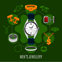 钻石背景绿色图片_男士珠宝圆形构图，配以手表、金