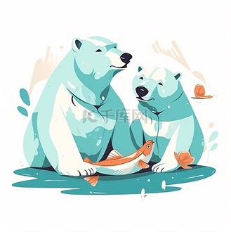 两只吃鱼的北极熊