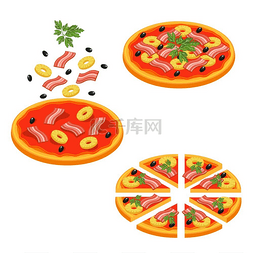 披萨切片等轴测图标集彩色披萨切
