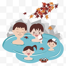 洗澡女孩矢量图图片_日本露天浴池温泉家族度假旅行游