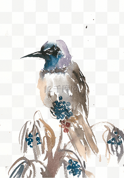 水墨画图片_灰蓝色的小鸟