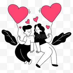 情人节人物插画图片_拿着爱心气球的情侣情人节线条人