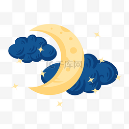 卡通云朵月亮图片_深蓝色云朵月亮天气水彩剪贴画