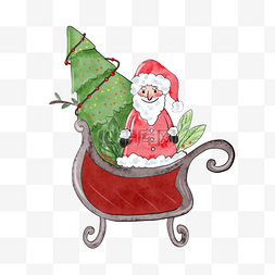 欢乐年卡图片_圣诞老人圣诞树水彩风格卡通可爱