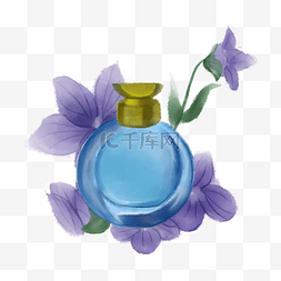 水彩香水瓶兰花蓝色瓶子
