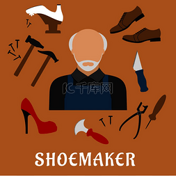锤子钳子图标图片_鞋匠职业平面图标与围裙的成熟男