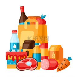 食品和包装的超市插图。