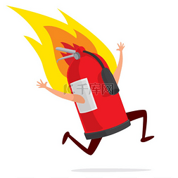 奔跑的消防员图片_绝望的灭火器在火上奔跑的卡通插