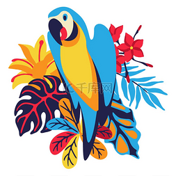 金刚鹦鹉与热带植物的插图。