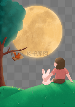 兔子图片_中秋节中秋佳节小女孩和小动物赏